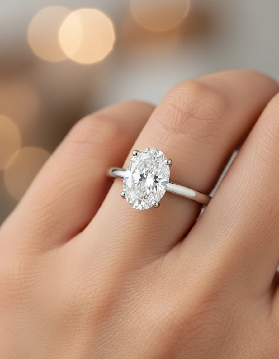 elegante anillo de compromiso con diamante flawless y corte ovalado de diseño clásico disponible en Joyería Marga Mira